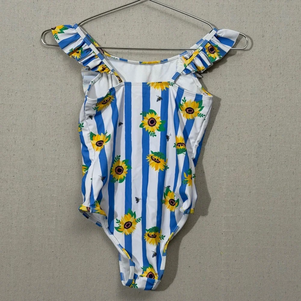 Tommy Bahama One Piece Swimsuit Girls 10 Blue Sunflower Ruffle Striped Bee Print